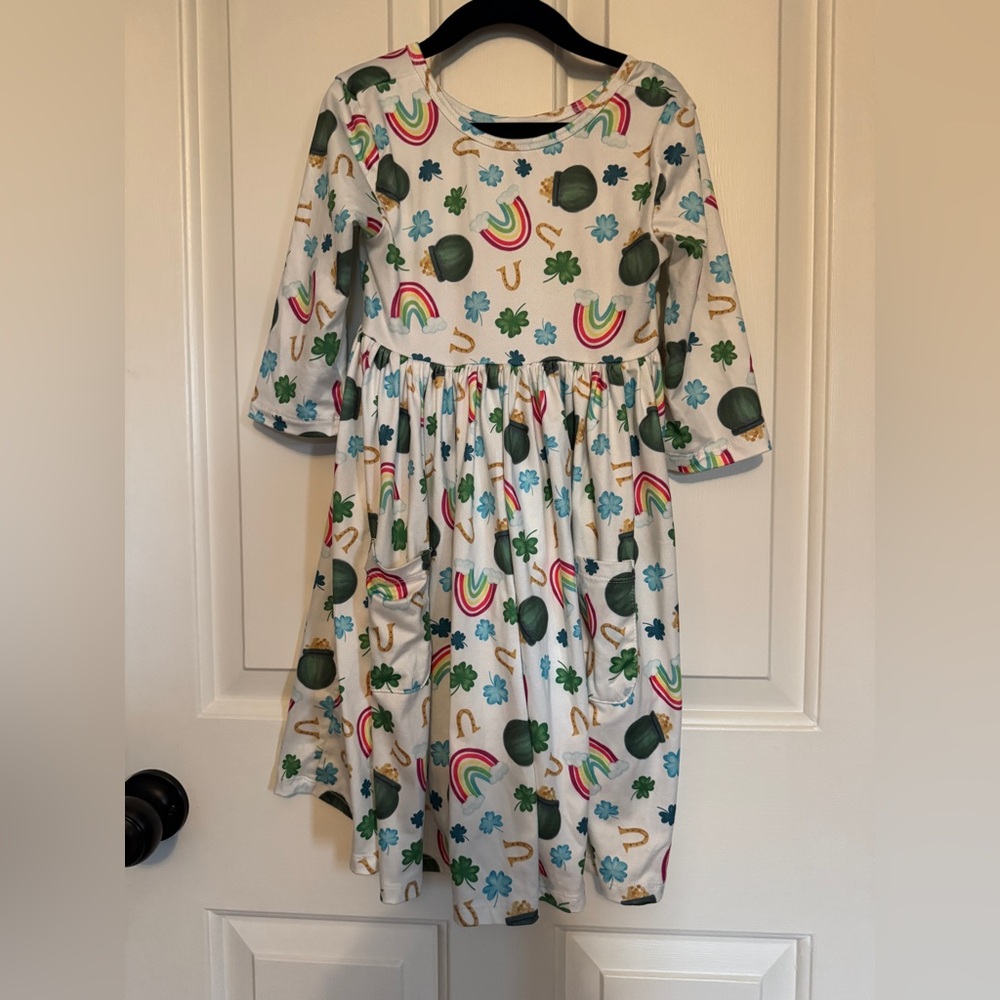 Girls' White St. Patrick's Day Rainbow & Shamrock Knit Dress